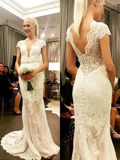 Sheath Lace Sweep Train V-Neck Short Sleeves Wedding Dresses UK