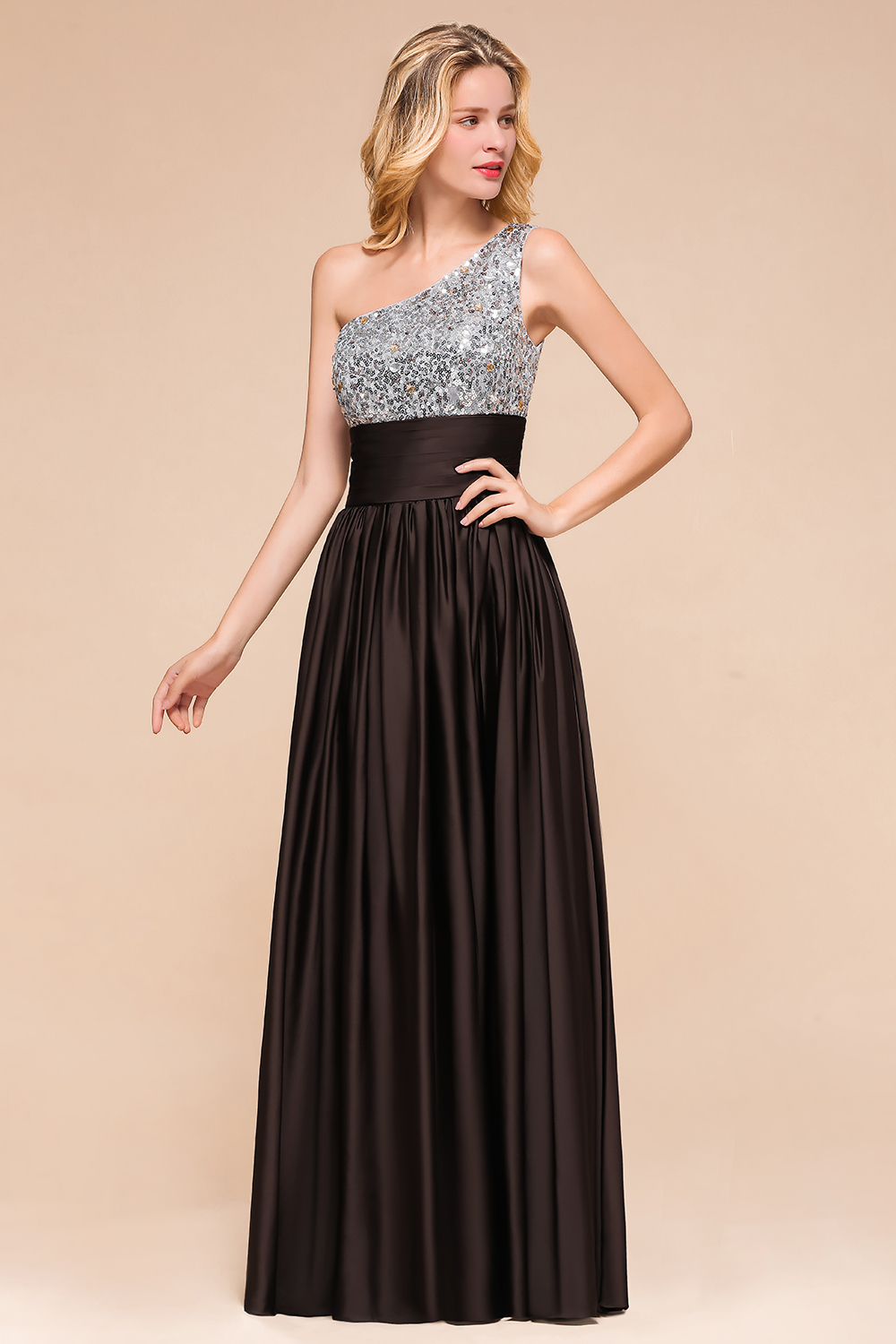 One Shoulder Glitter Seqions Long Bridesmaid Dress