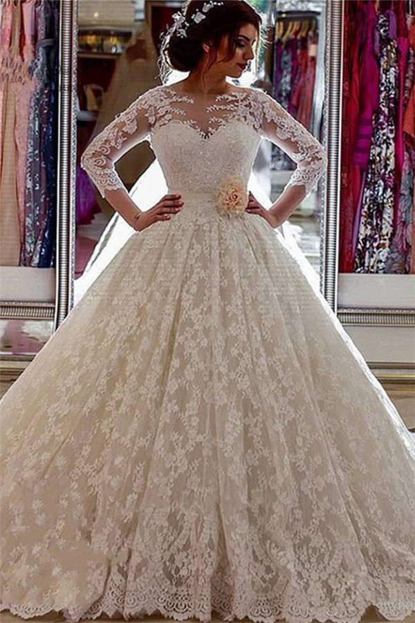 Vintage Illusion Arabic Church-Train Sleeves Sheer Lace Long Ball-Gown Wedding Dress