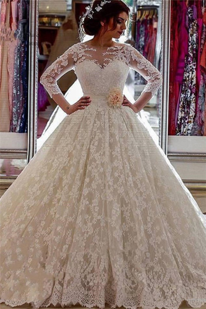 Vintage Illusion Arabic Church-Train Sleeves Sheer Lace Long Ball-Gown Wedding Dress