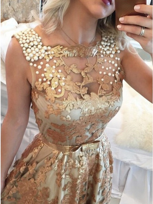 Luxury Gold Straps Beaded Sequins Sleeveless Prom Dress UK