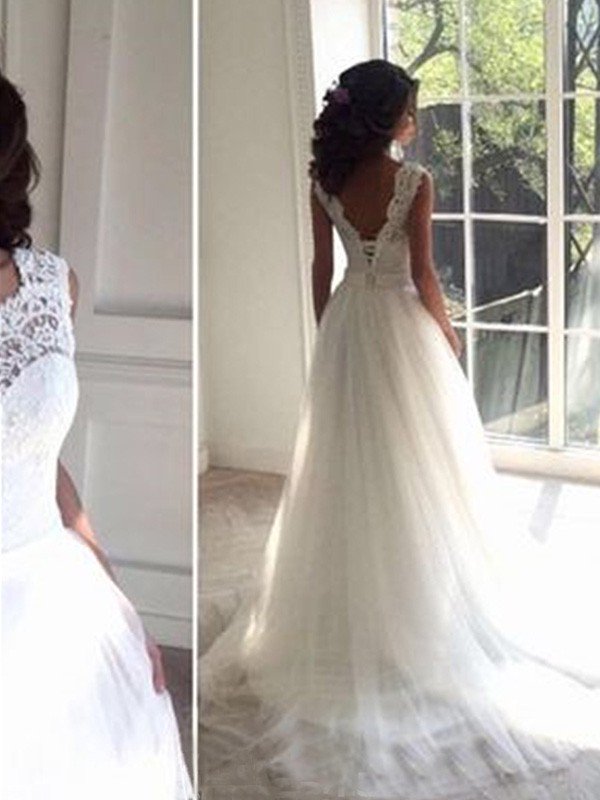 Tulle A-Line Square Court Train Sleeveless Wedding Dresses UK