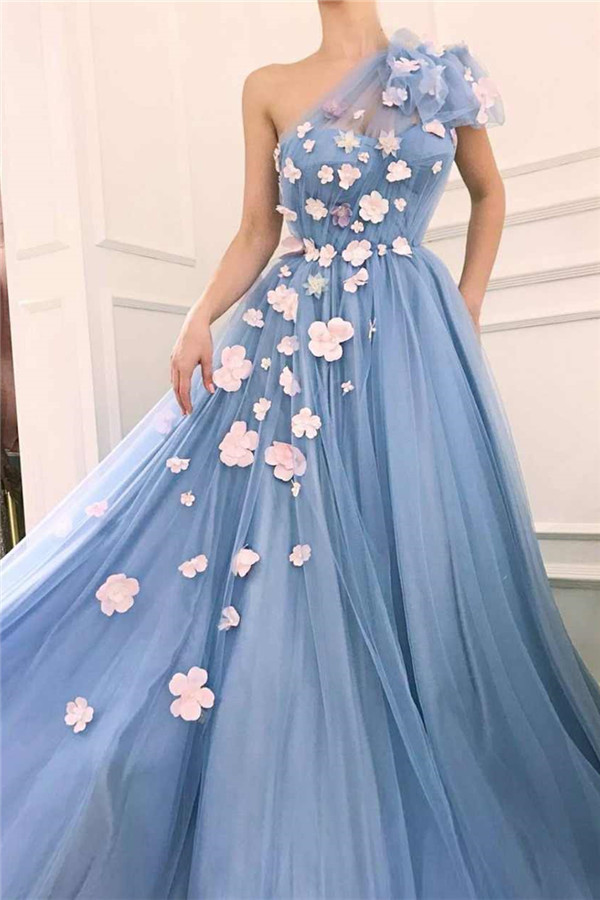 Chic Tulle One Shoulder Prom Dresses Sexy | Flowers Long Evening Dress UK