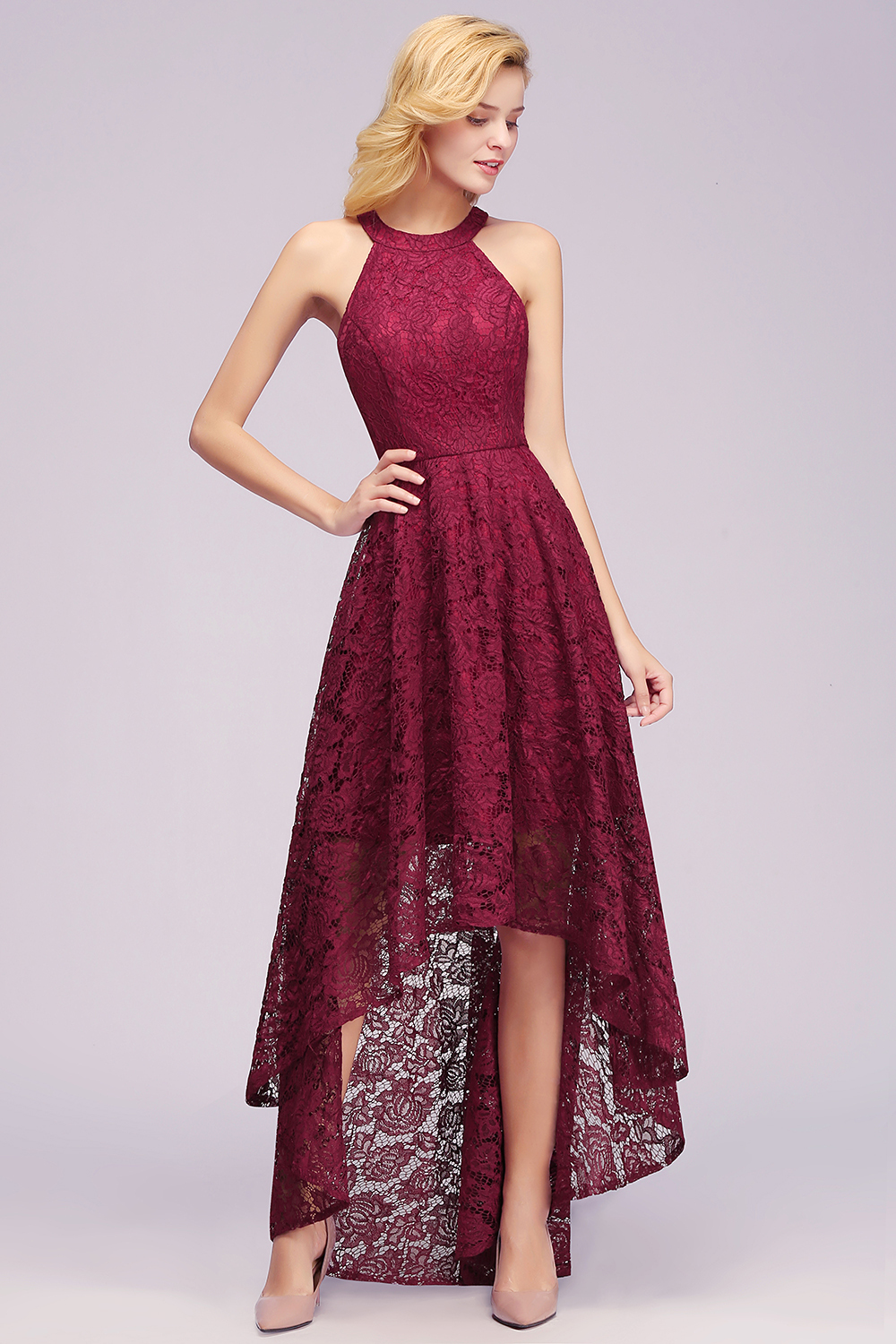 Halter Hi-Lo Party Dress Floral Lace Formal Wear Dress