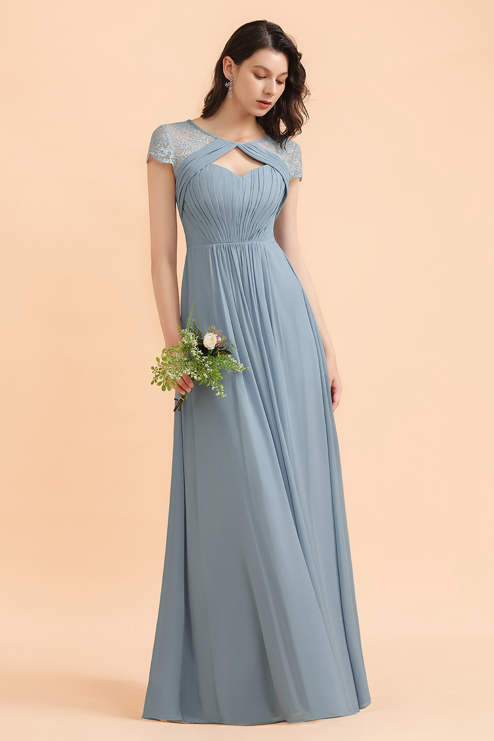 Elegant Short Sleeve Lace Chiffon Bridesmaid Dress Dusty Blue Formal Dress