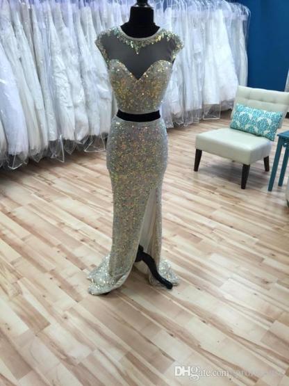 Gorgeous Cap Sleeve Sequins Prom Dress UKes UK Two Pieces Slit Beadings