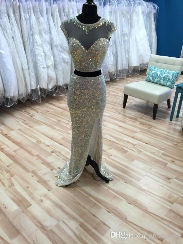 Gorgeous Cap Sleeve Sequins Prom Dress UKes UK Two Pieces Slit Beadings