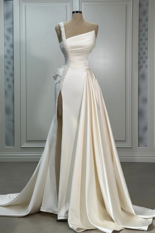 One Shoulder White Ruched Satin Long Evening Dress Sparkly Side Slit Party Dress with Sweep Train