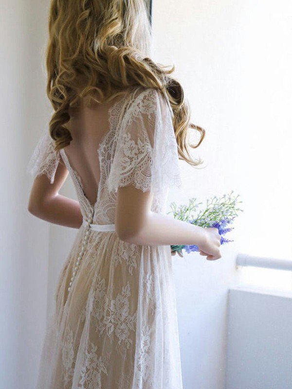 V-neck A-Line Lace Sweep Train Ribbon Short Sleeves Wedding Dresses UK