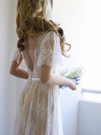 V-neck A-Line Lace Sweep Train Ribbon Short Sleeves Wedding Dresses UK