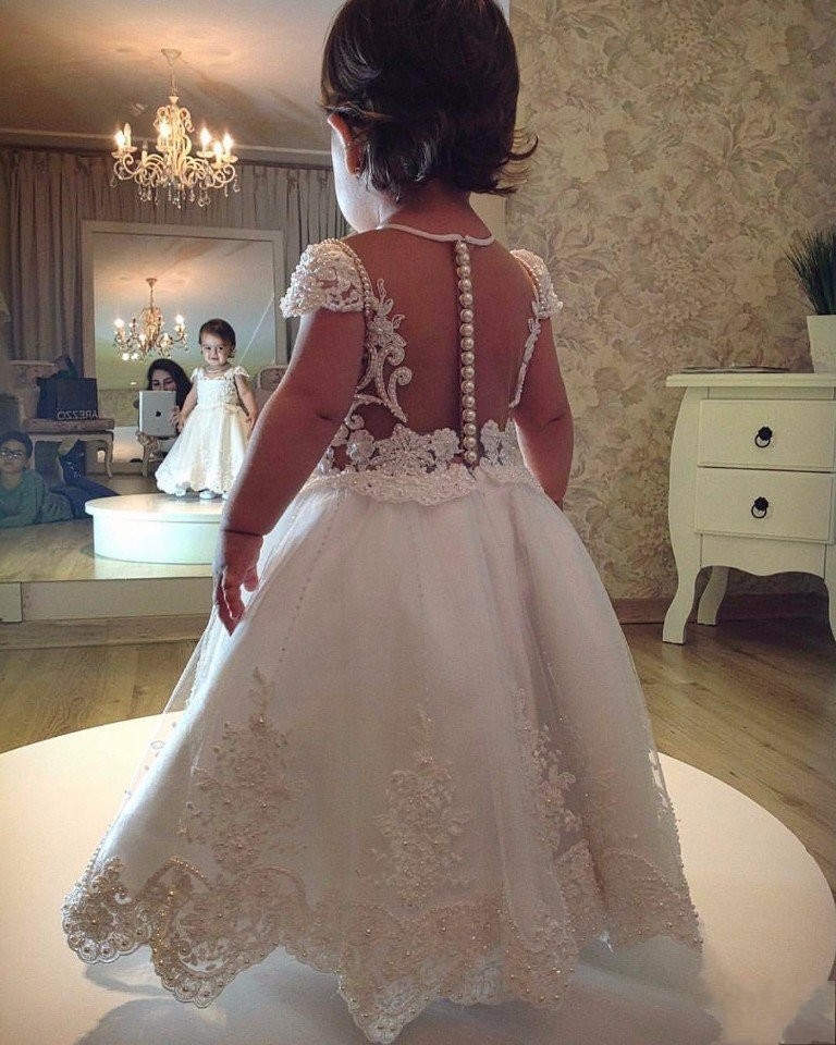 Short-Sleeves A-line Flower Lace Pearls Girl Dress BA6180