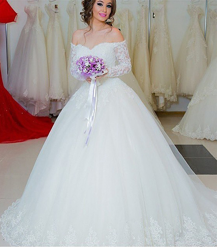 Chic Off-the-shoulder Lace Wedding Dress Tulle Ball Gown Long Sleeve ba5341