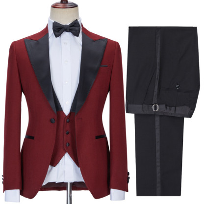 Stylish Red Three Pieces Best Fitted Peaked Lapel Prom Suits