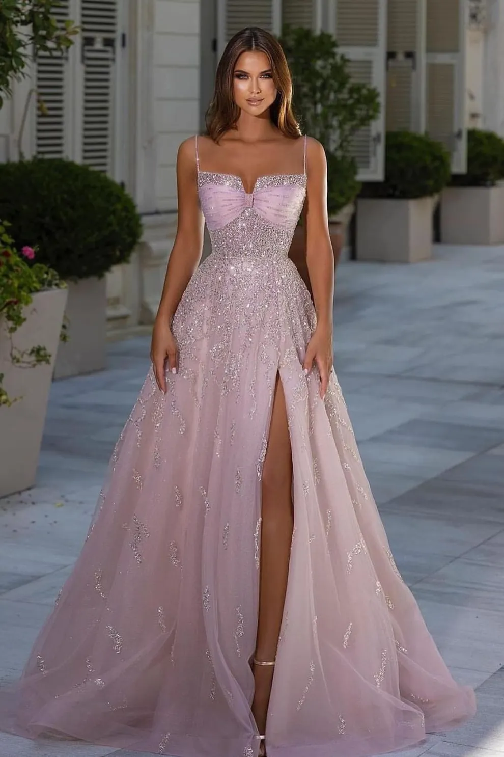 Shiny Pink Spaghetti Straps Sequins A Line Prom Dress With Split