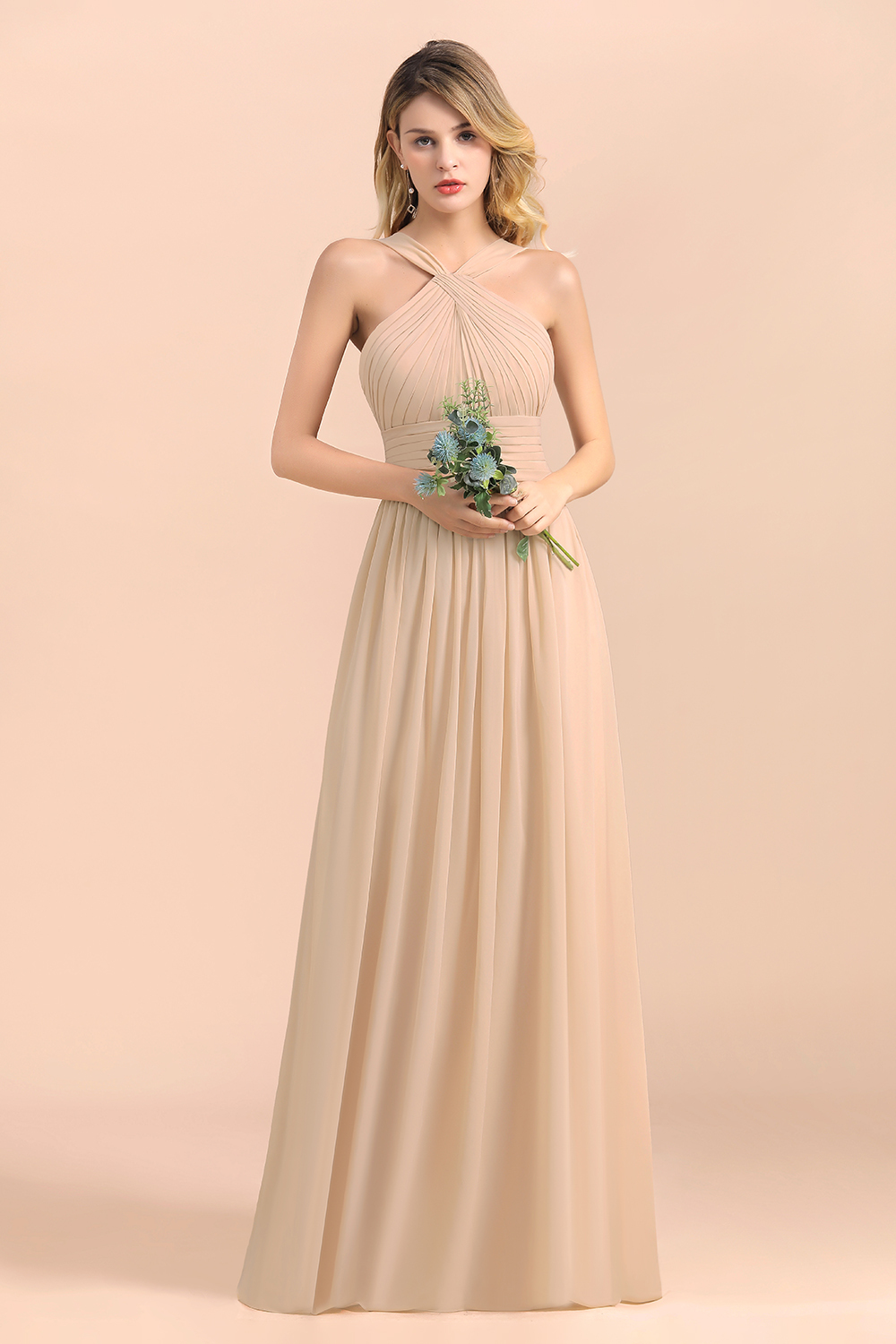 Gorgeous Halter Ruffle Chiffon Champagne Bridesmaid Dress Floor Length Wedding Party Dress