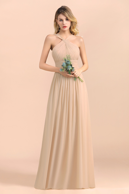 Gorgeous Halter Ruffle Chiffon Champagne Bridesmaid Dress Floor Length Wedding Party Dress