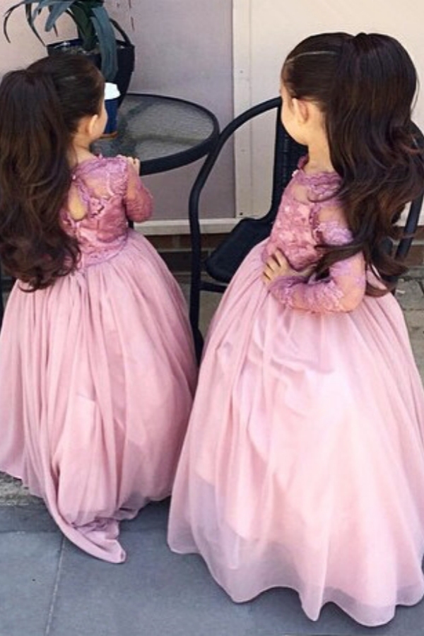 Modern Long Sleeve Appliques Pink Flower Girl Dress Floor-length