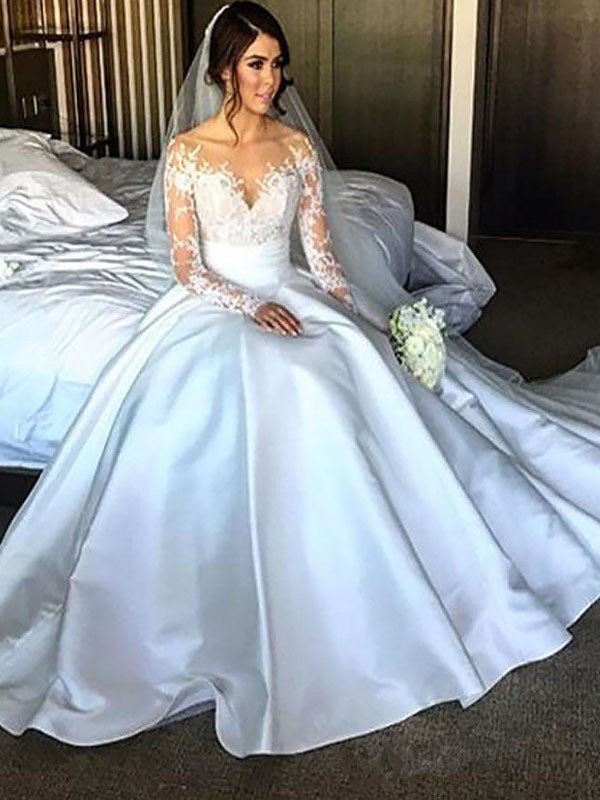 Court Train Ball Gown Satin Long Sleeves Wedding Dresses UK
