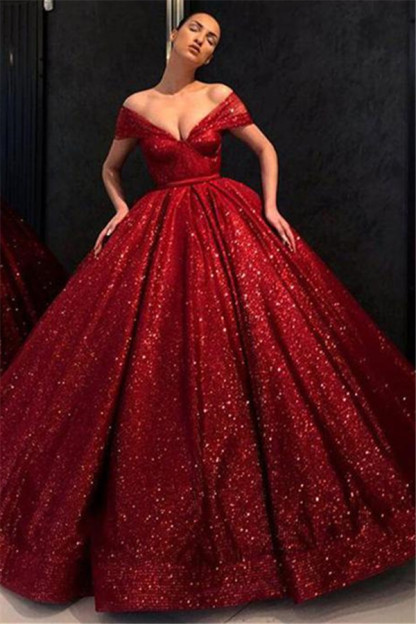 Sequins Off-the-Shoulder Lace Appliques Prom Dress UKes UK Ball Gown Sleeveless Evening Dress UKes UK