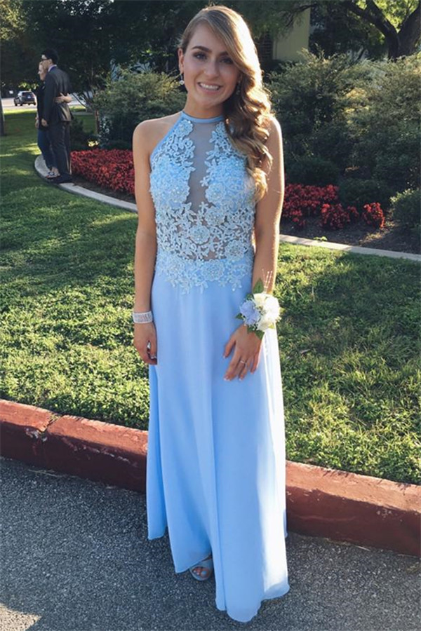 Lace Halter Flower Simple Prom Dresses | A-Line Sleeveless Evening Dresses