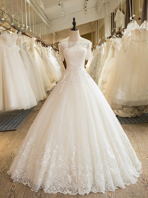 Floor-Length Applique Ball Gown Off-the-Shoulder Lace Tulle 1/2 Sleeves Wedding Dresses UK
