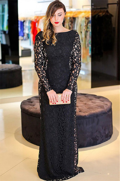 Hi-lo Lace Long Sleeves Lace Prom Dress UKes UK Plus Size Black Plus Size Elegant Evening Dress UKes UK