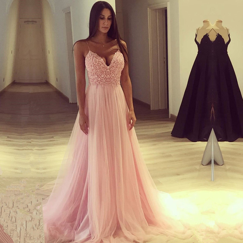 Spaghetti Strap V-Neck Pink Prom Dress UK Long Tulle Party Gowns BA7939-27Dress.co.uk