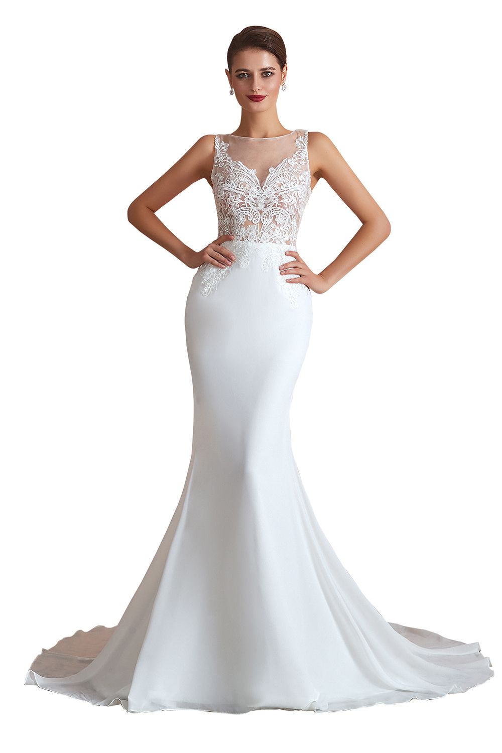 White Illusion neck Mermaid Wedding Dress Sleeveless High Neck Bridal Gown-27Dress.co.uk