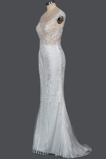 Charming Cap Sleeves White Mermaid Wedding Dress Pearls Sequins Bridal Gown with Detachable Train
