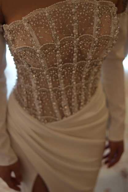 Sexy Glitter Beading Front Slit Party Dress Ruffle Long Evening Dress