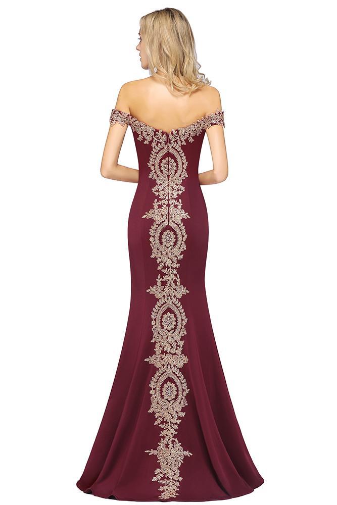 Off-the-Shoulder Mermaid Evening Dress Gold Appliques Long Prom Dress