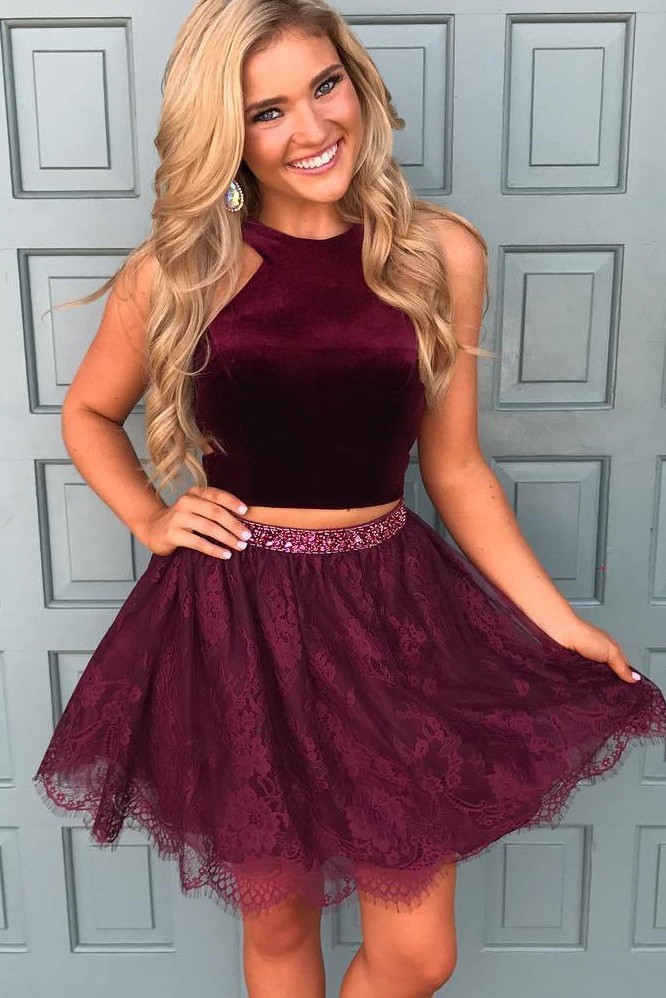 Beautiful Two Pieces Burgundy Lace Homecoming Dress UK Short With Sequins BA7014