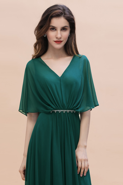 Elegant Puffy Sleeves Dark Green Long Bridesmaid Dress V-neck Chiffon Wedding Guest Dress