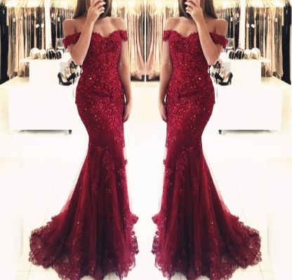 Off-the-Shoulder Prom Dress UK | Lace Appliques Evening Gowns