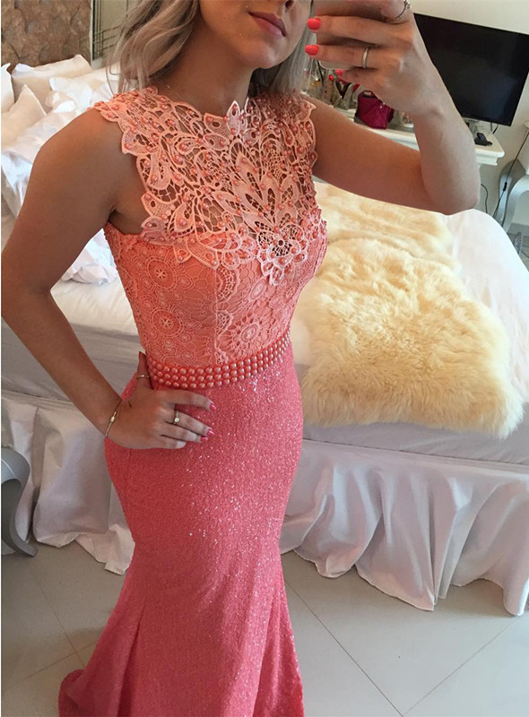 Timeless Sleeveless Lace Pearls Prom Dress UKes UK Mermaid Long Zipper Back BT0