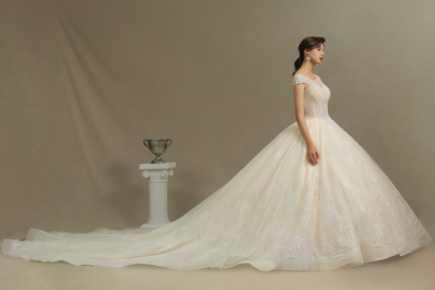 Cap Sleeve Aline Cathedral wedding dress Tulle Lace Appliques Garden Bridal Gown