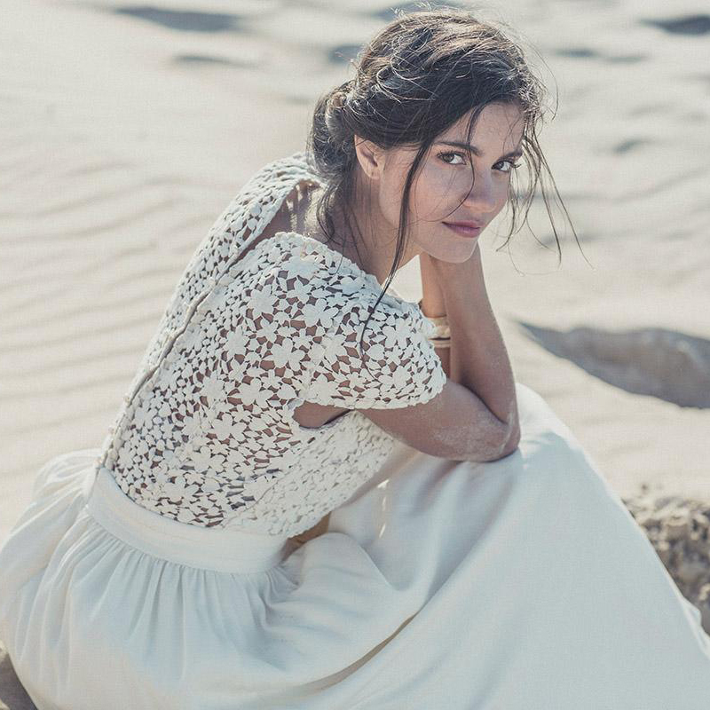 White Jewel Lace A-line Wedding Dress Cap Sleeve Tea Length Bridal Dress