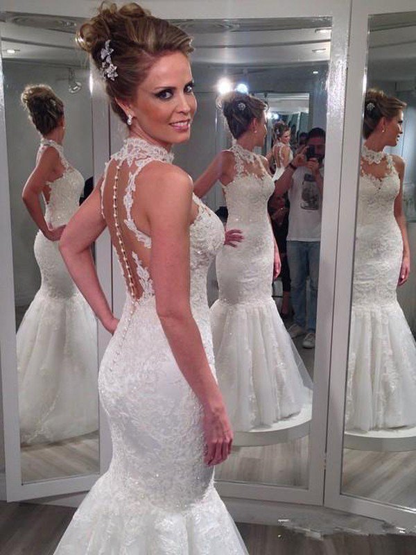 Sleeveless Lace Tulle Sexy Mermaid Floor-Length High Neck Wedding Dresses UK