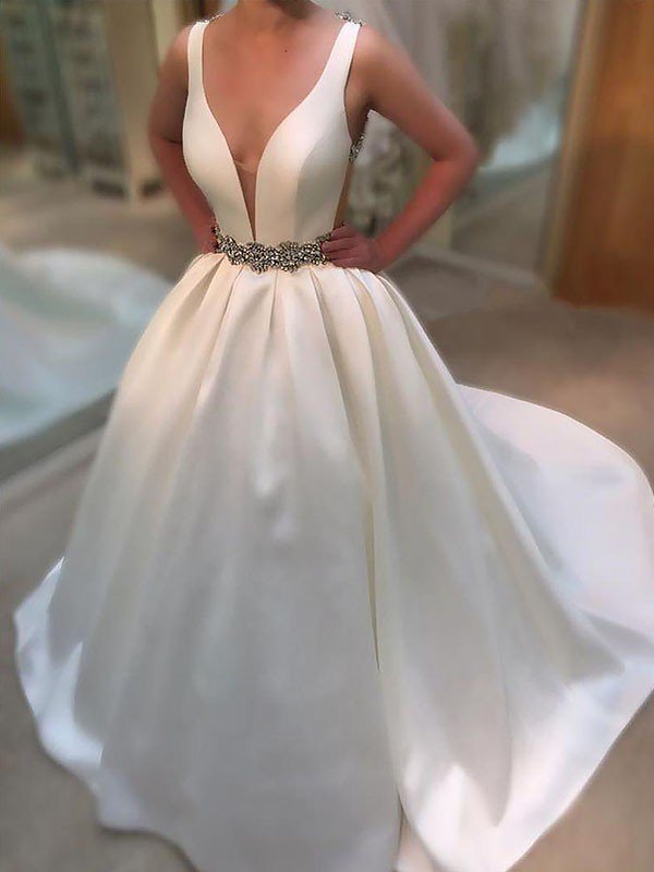 Satin Sleeveless A-Line V-neck Court Train Wedding Dresses UK