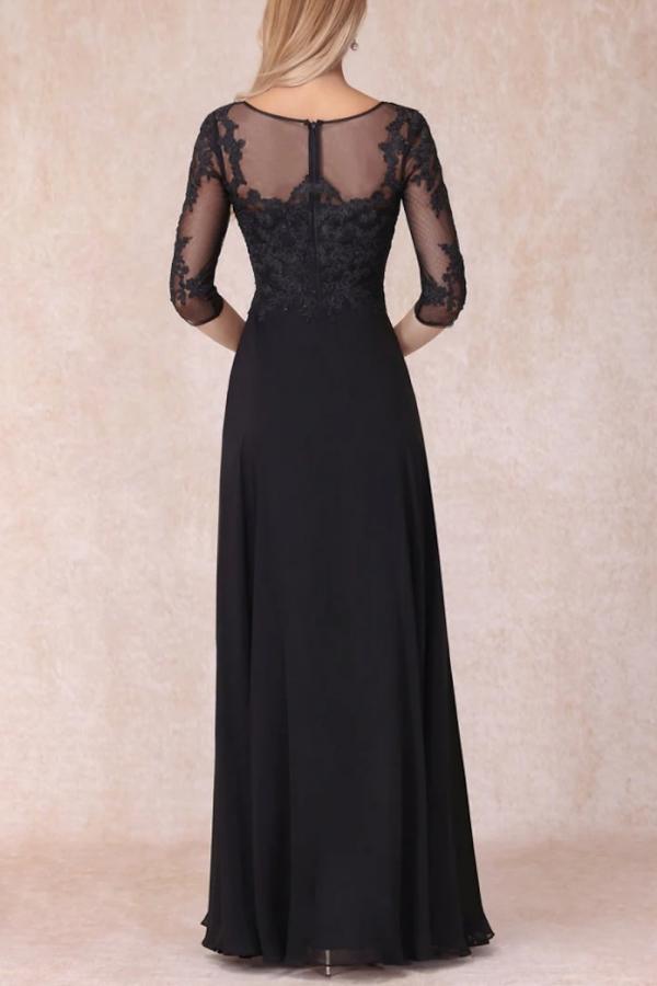 Elegant Black Mother of the Bride Dresses Long with Half Sleeves Chiffon Lace Wedding Guest Wear Dress