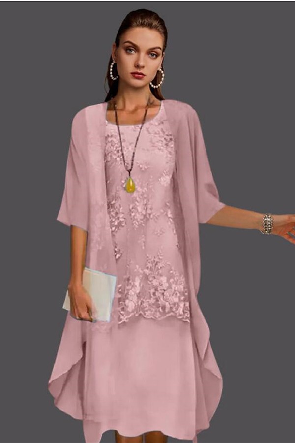 Elegant Chiffon Floral Lace Mother of the Bride Dress Plus Size Scoop Neck