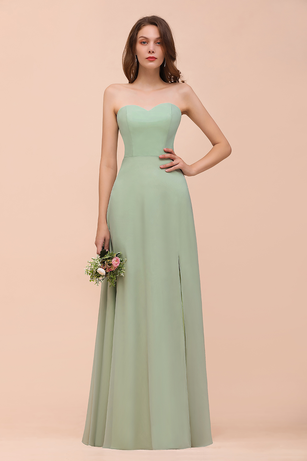 Dusty Sage Sweetheart Sleeveless Long Bridesmaid Dress with Front Slit