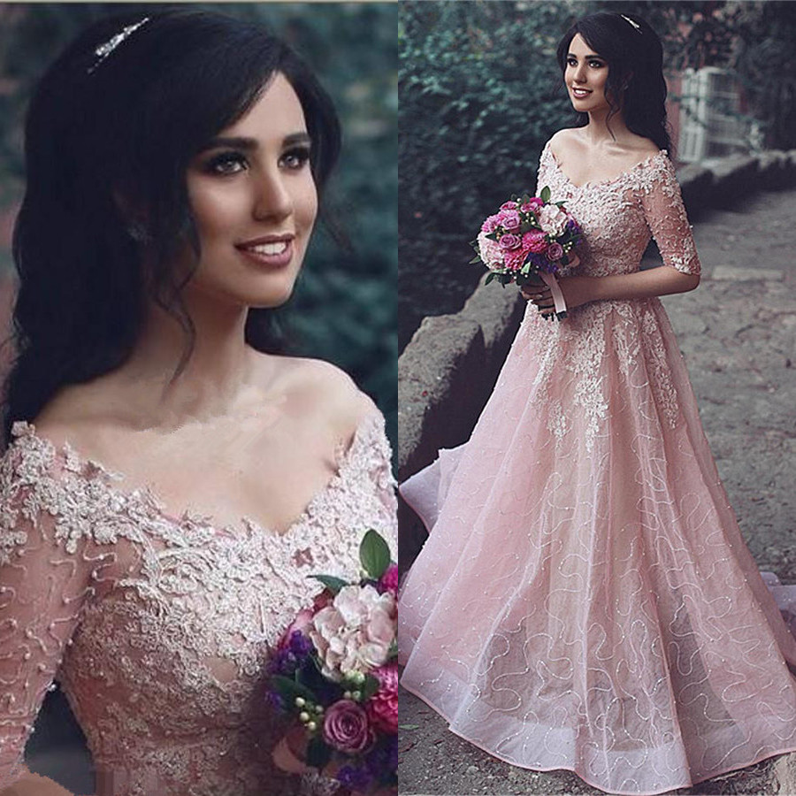 Tulle Pink A-Line Applique Half-Sleeve Long Prom Dress UKes UK