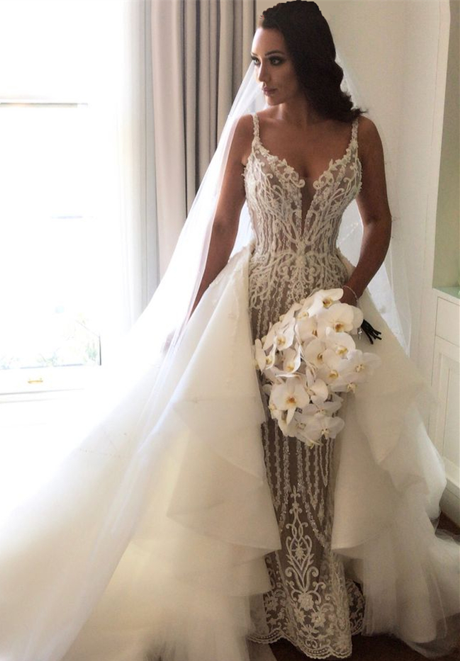 Gorgeous Lace Sexy Mermaid Wedding Dresses UK with Detachable Train Straps Sleeveless Bride Dress