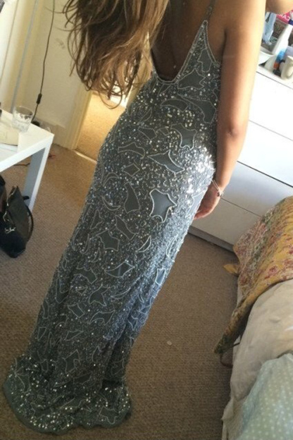 Stunning Spaghetti Starps Prom Dress UKes UK Long Beadings Appliques Party Gowns