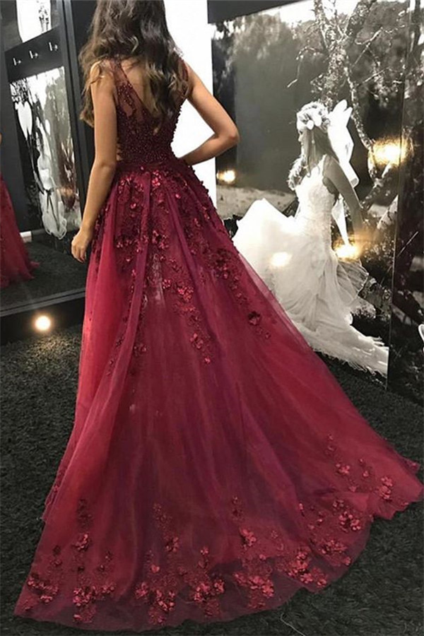 Trendy Burgundy Maroon Straps Alluring V-Neck Lace Beading Side-Split Tulle Detachable A-Line Evening Dress UK UK