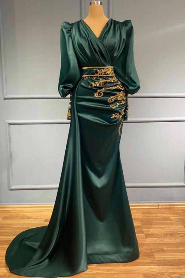 Elegant Puffy Long Sleeves Satin Mermaid Evening Formal Dress with Gold Rhinestone Embellishments-27Dress.co.uk