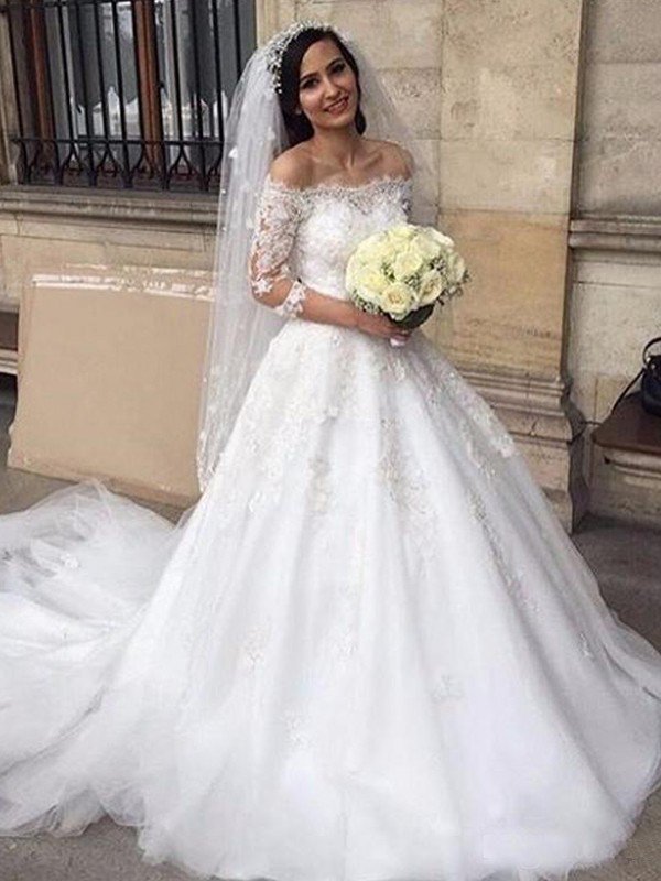 3/4 Sleeves Ball Gown Off-the-Shoulder Tulle Applique Wedding Dresses UK
