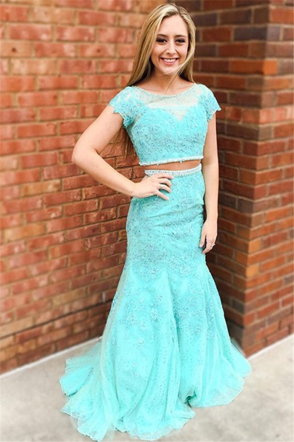 Sexy Jewel Lace Appliques Two Piece Prom Dress UKes UK Mermaid Sleeveless Evening Dress UKes UK