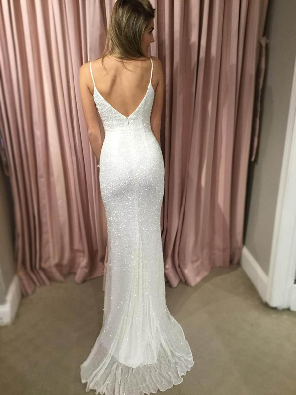Elegant White Sequins Prom Dress UK Mermaid V-Neck Long Party Dress BA7706